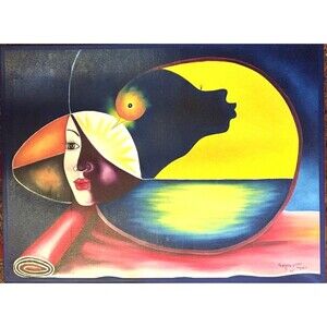 Painting Sandrack Jeans Abstract Romantic Mystical Haitian Oil Canvas Signed